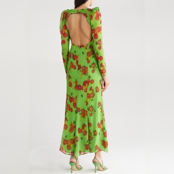 Topshop Floral Rouched Long Sleeve Maxi Dress MID GREEN sz 8 - Picture 2 of 9